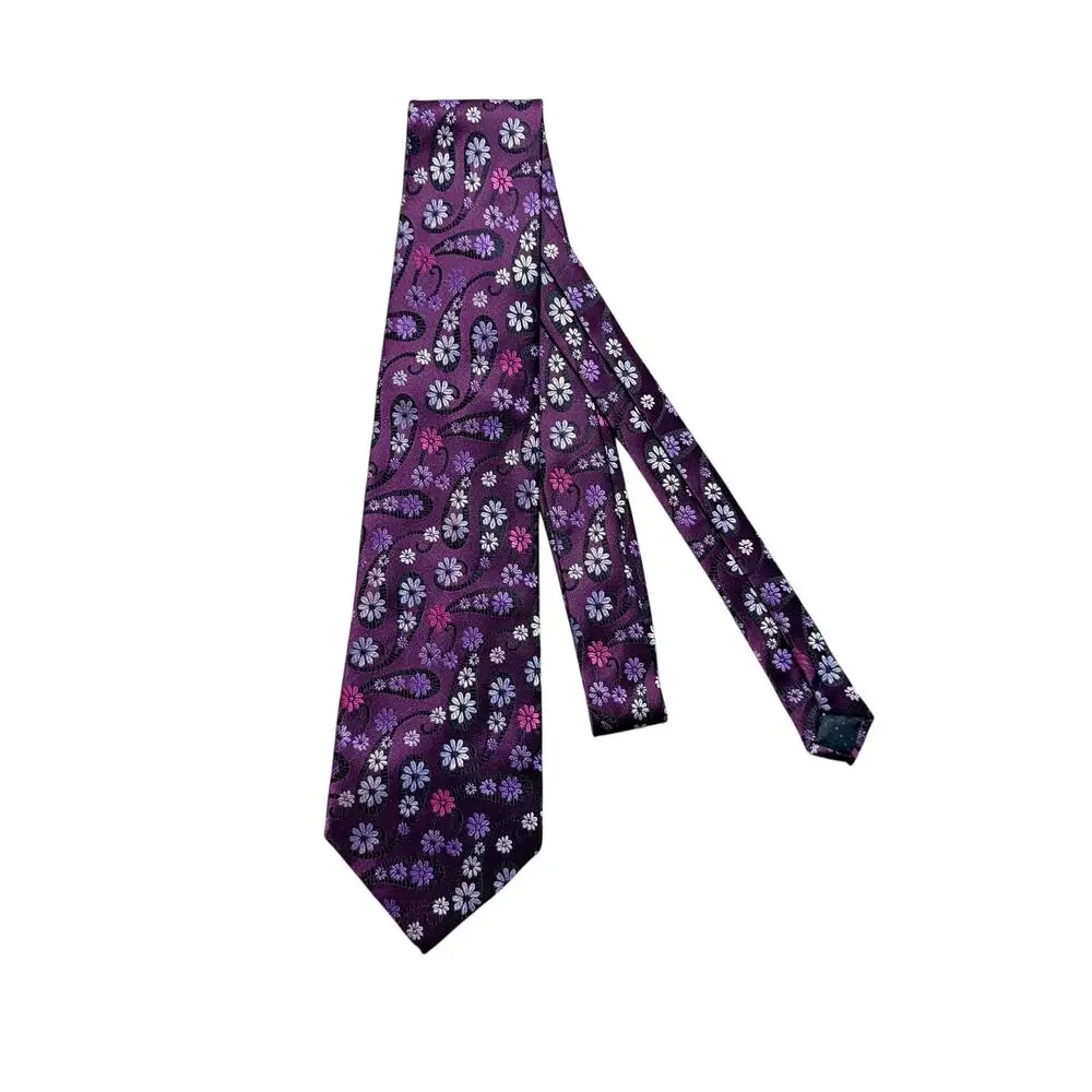 Kailong Mens Silk Necktie Purple Floral Daisy Pattern Hand Made 100% Silk